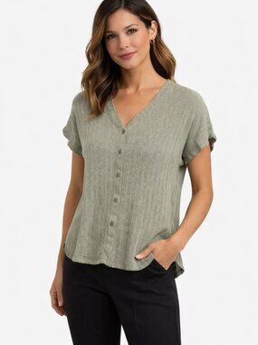 Mr Jax Womens Herringbone Button Down Short Sleeve Blouse Size 4